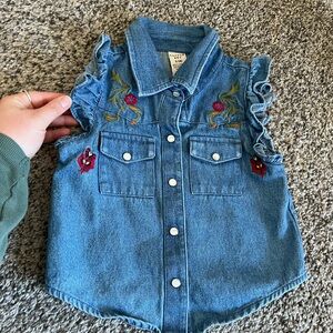 Copper Key Blue Denim Vest with Floral Embroidery 4T